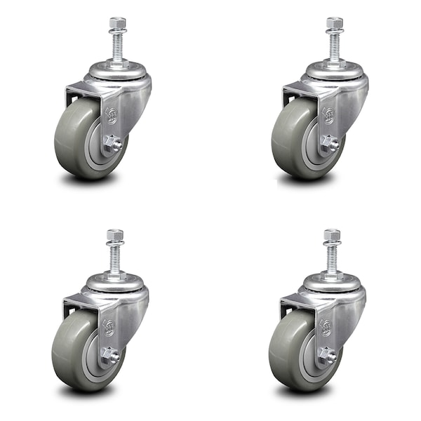 3 Inch Gray Polyurethane Wheel Swivel 10mm Threaded Stem Caster Set SCC